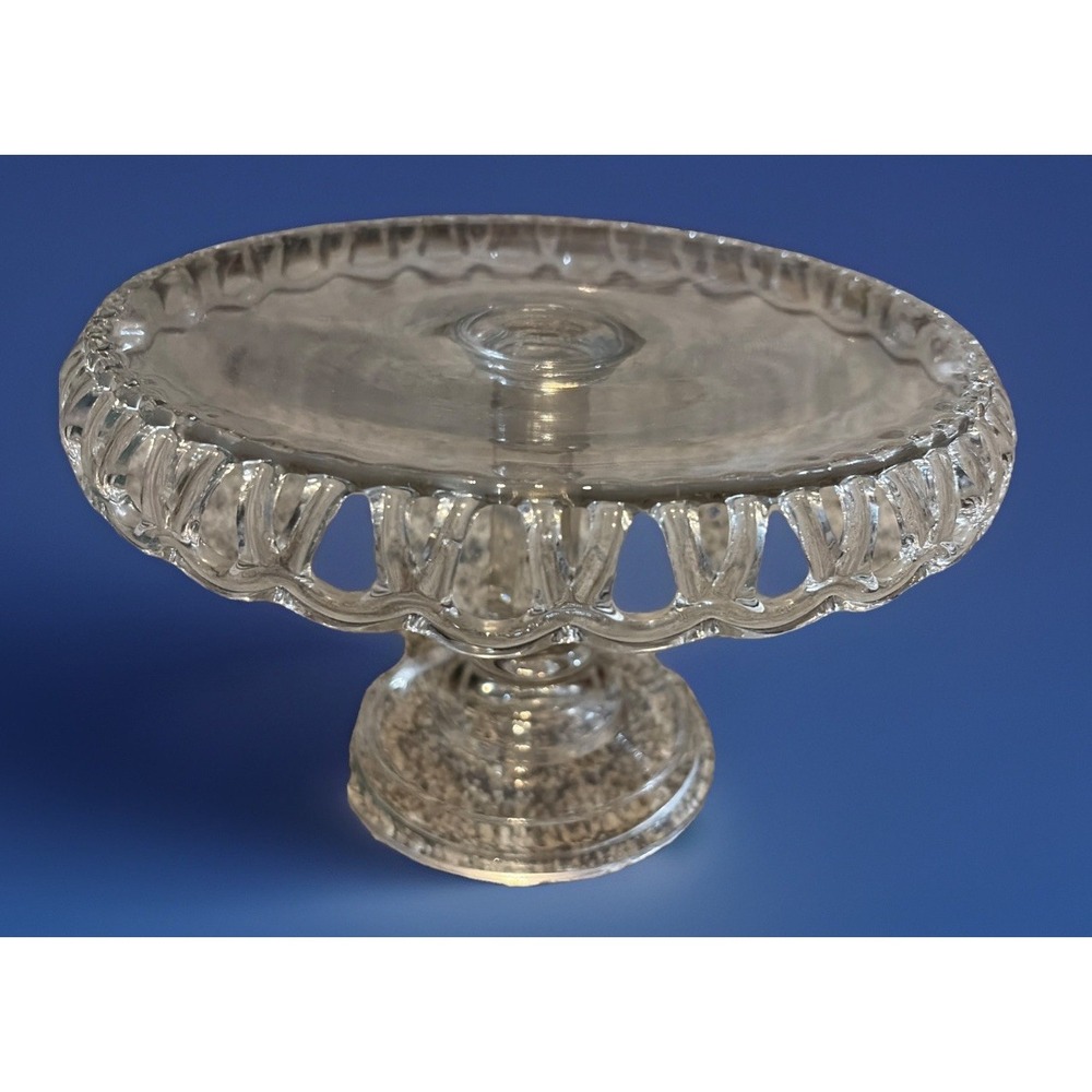 Vintage EAPG Clear Glass Cake Stand With Open Lace Edge Rim 9.5"